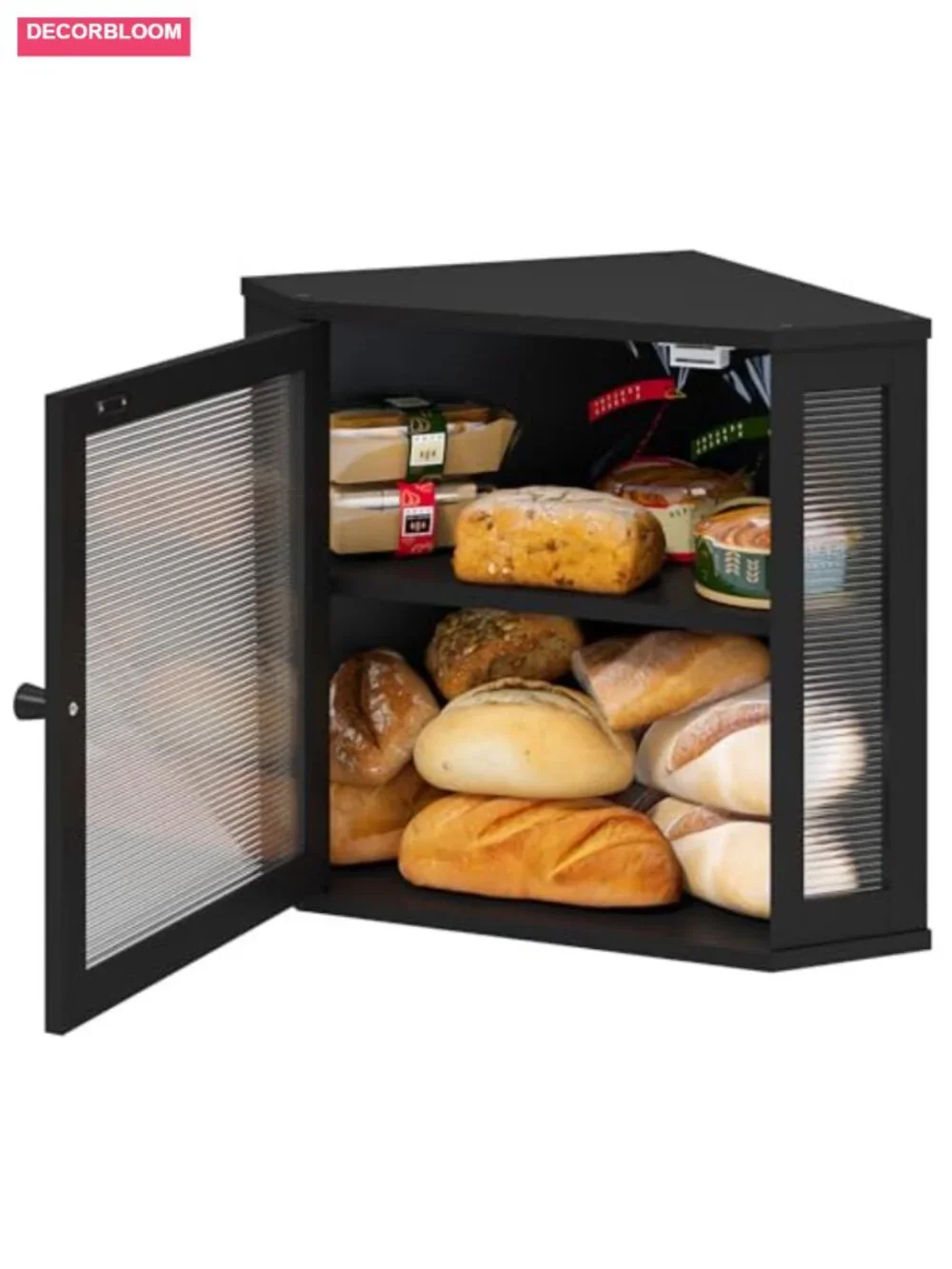 Corner Bread Box Bamboo Wood Large Capacity Storage with Acrylic Wavy Door